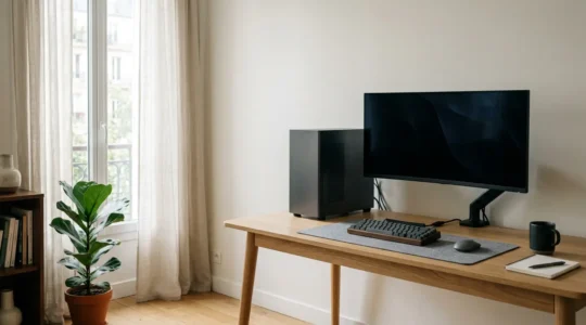 Espace de travail professionnel à domicile avec matériel informatique haut de gamme illustrant l'exclusion des garanties habitation