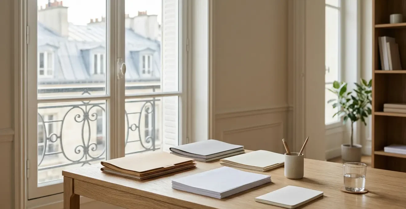 Vue d'ensemble d'un bureau professionnel avec des dossiers administratifs organisés pour la création d'entreprise