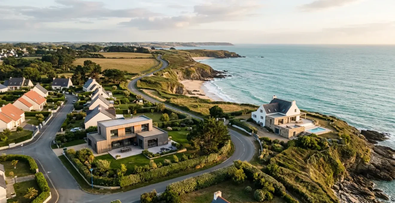Vue aérienne panoramique d'une maison familiale principale en zone résidentielle française et d'une maison de vacances en bord de mer, symbolisant la protection par l'assurance habitation