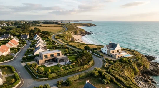 Vue aérienne panoramique d'une maison familiale principale en zone résidentielle française et d'une maison de vacances en bord de mer, symbolisant la protection par l'assurance habitation