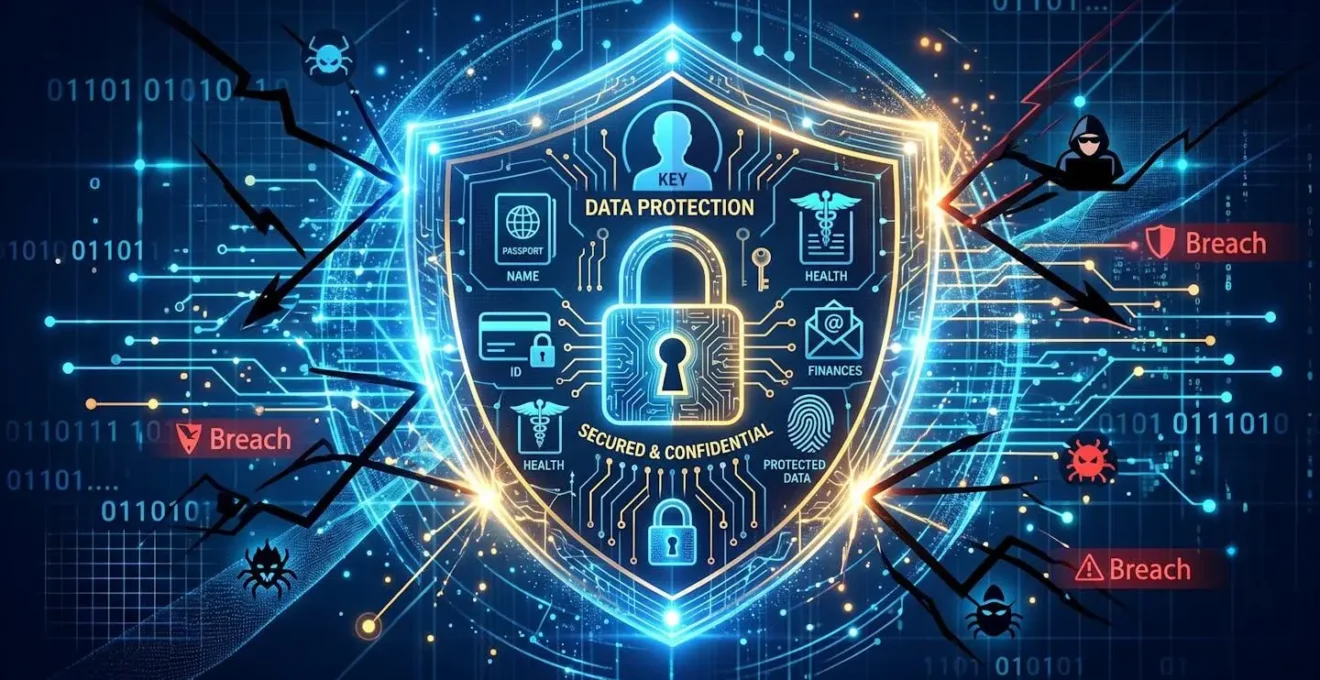 Représentation symbolique de la protection des données personnelles avec des éléments évoquant la sécurité numérique et la confidentialité