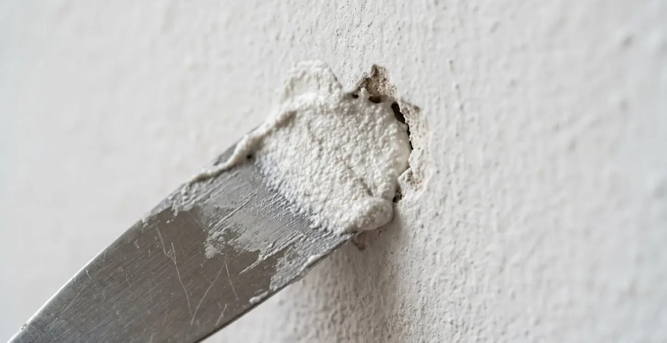 Application d'enduit de rebouchage sur un mur blanc avec une spatule lors de travaux de réparation