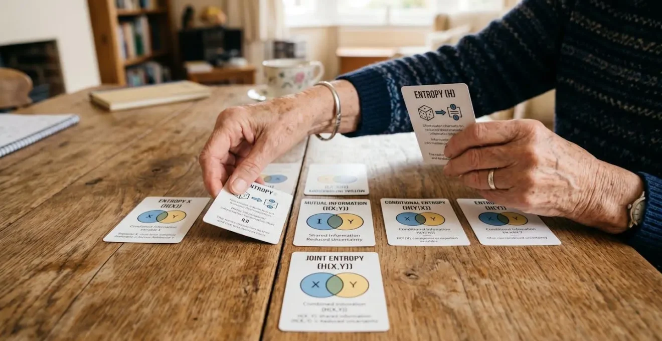 Mains d'une personne senior manipulant des cartes d'information mutuelle sur une table en bois