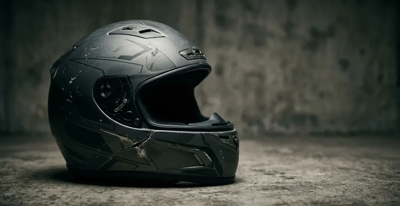 Equipement de motard endommage apres accident avec expert assurance examinant les dommages