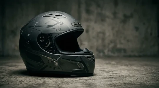 Equipement de motard endommage apres accident avec expert assurance examinant les dommages
