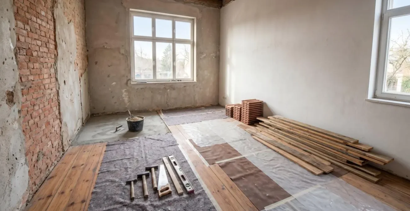 Vue d'ensemble d'un espace en rénovation avec matériaux et équipements illustrant les risques pendant les travaux