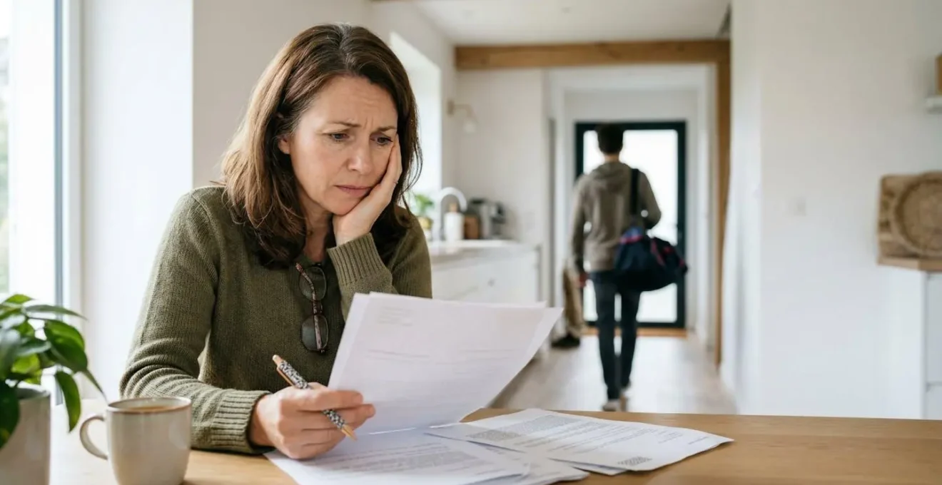 Parent regardant avec inquietude des documents d'assurance avec adolescent en arriere-plan