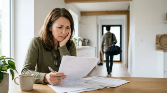 Parent regardant avec inquietude des documents d'assurance avec adolescent en arriere-plan