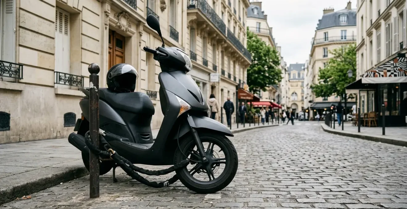 Scooter 125cc attaché à un point fixe dans une rue parisienne typique avec un antivol de qualité
