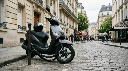 Scooter 125cc attaché à un point fixe dans une rue parisienne typique avec un antivol de qualité