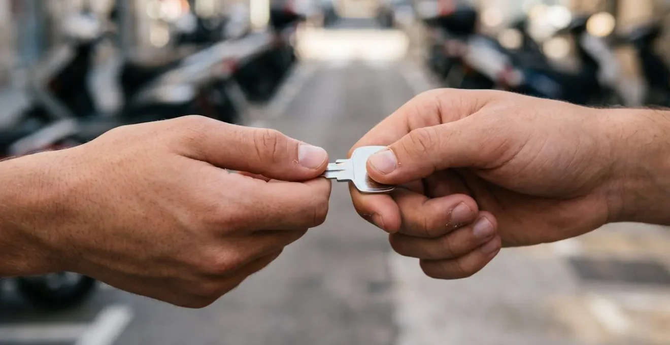 Cles de scooter echangees entre deux mains d'adolescents symbolisant le pret de vehicule