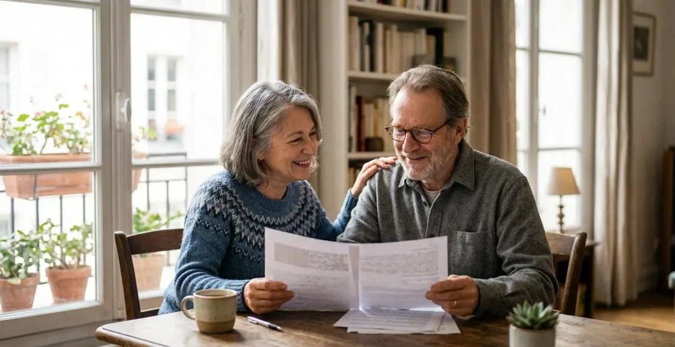 Couple de seniors consultant des documents d'assurance santé dans un environnement chaleureux et rassurant