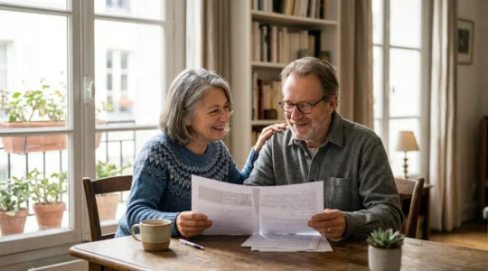 Couple de seniors consultant des documents d'assurance santé dans un environnement chaleureux et rassurant