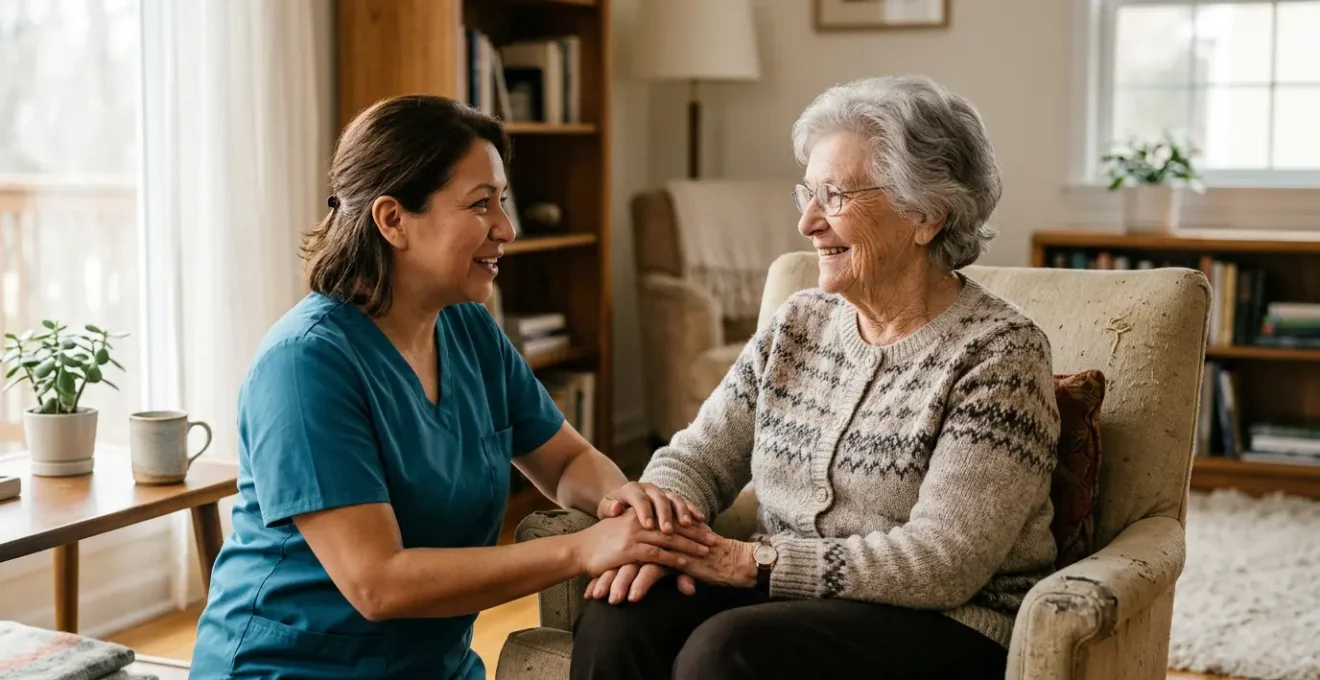 Senior à domicile entouré de présence humaine bienveillante illustrant le maintien à domicile après 75 ans