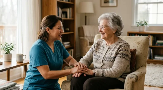 Senior à domicile entouré de présence humaine bienveillante illustrant le maintien à domicile après 75 ans