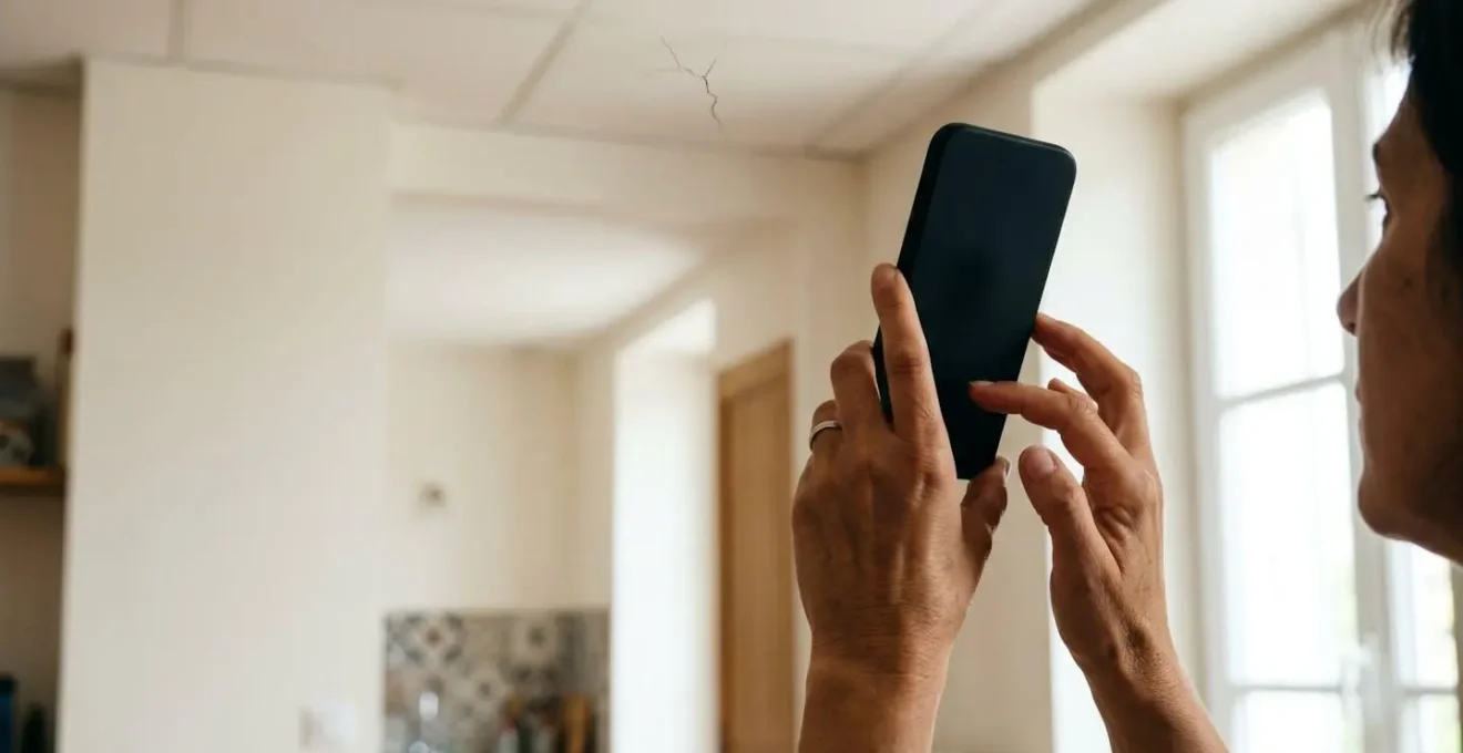 Main tenant un smartphone photographiant un défaut de construction dans un logement lors d'un état des lieux