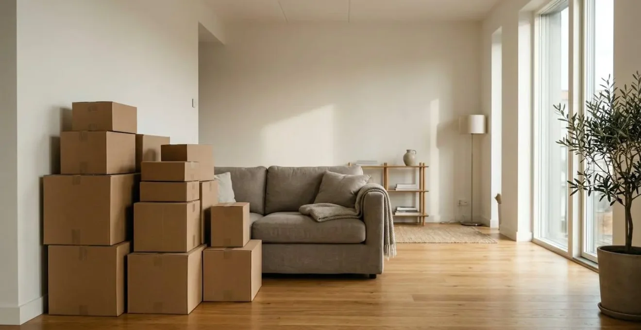 Espace résidentiel transformé en zone de stockage professionnel avec cartons de marchandises