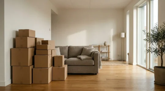 Espace résidentiel transformé en zone de stockage professionnel avec cartons de marchandises