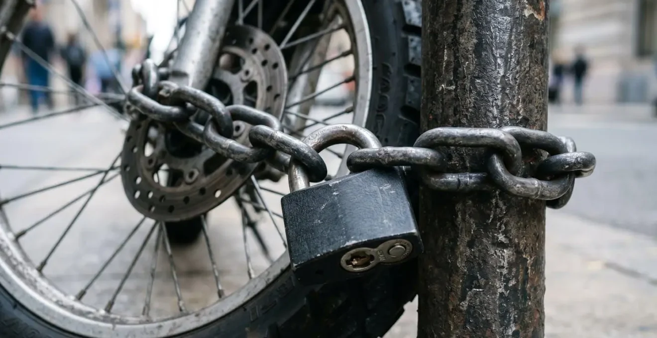 Gros plan macro sur un antivol de sécurité haute qualité fixé à un point d'ancrage métallique urbain