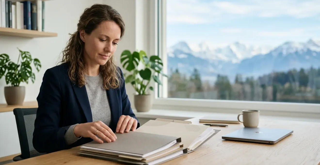 Professionnel préparant des documents administratifs dans un environnement moderne près de la frontière franco-suisse