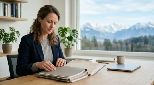 Professionnel préparant des documents administratifs dans un environnement moderne près de la frontière franco-suisse