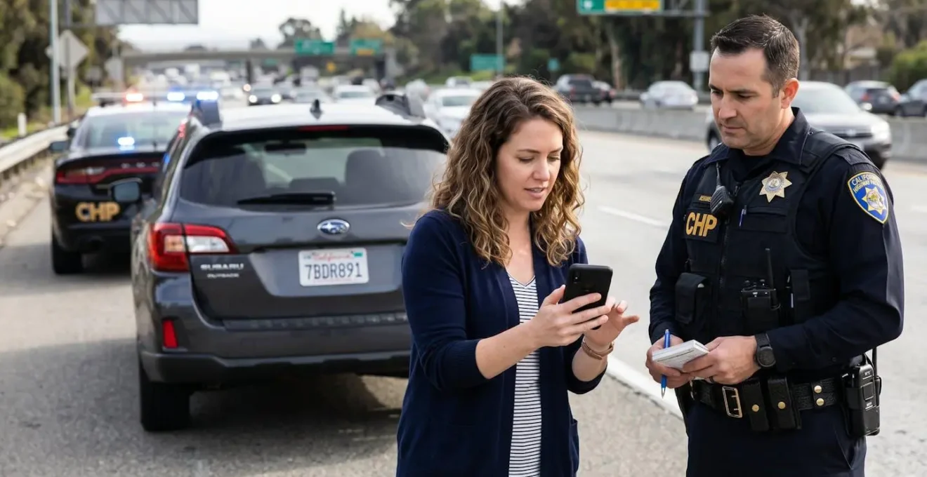 Personne consultant le Mémo Véhicule Assuré sur son smartphone en situation de contrôle routier