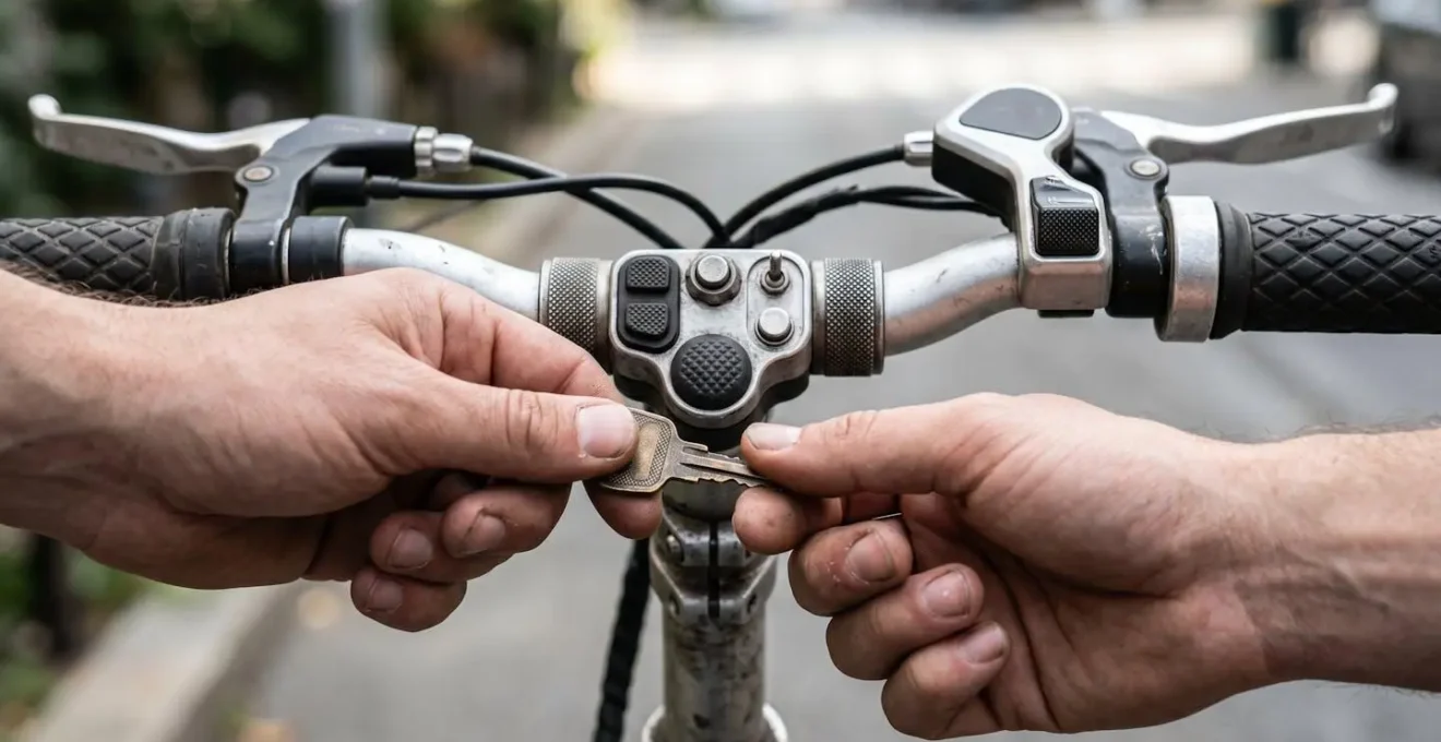 Guidon de velo electrique vu de pres avec mains echangeant les cles symbolisant le pret entre amis