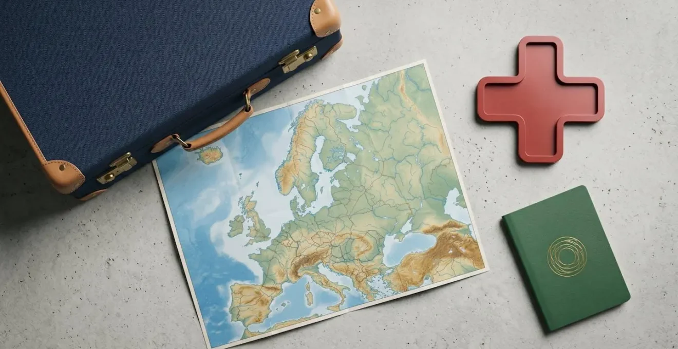 Carte d'Europe stylisee avec valise et symboles de sante illustrant les risques du voyage scolaire
